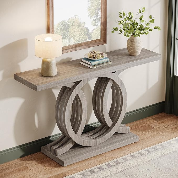 Tribesigns 55-Inch Console Table with Geometric Wood Base, Modern Entryway Table with Thick Tabletop for Living Room, Hallway, Foyer (Gray)