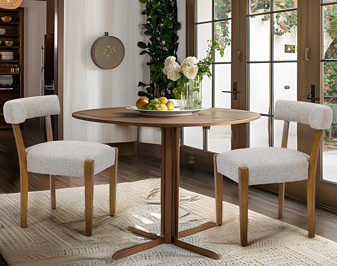 Modern Dining Chairs Set of 2, Walnut Upholstered Kitchen & Dining Room Chairs, Mid Century Modern Wooden Dining Chairs Oversized Sturdy Rounded Chairs Curved Back, Beige Fabric
