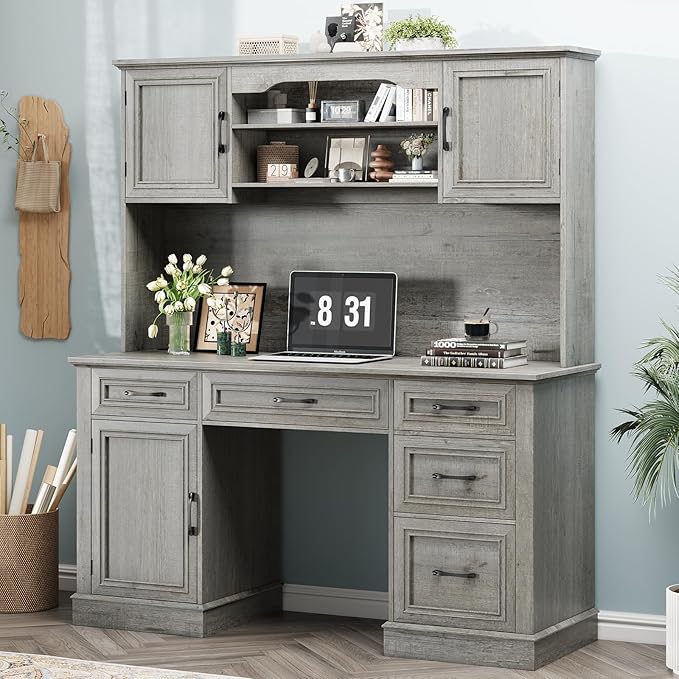 67" H Farmhouse Executive Desk with Hutch. Wood Workstation with 5 Drawers, Storage Cabinet, File Drawers and Charging Station, Ideal as Office Desks, Computer Desk for Home Office and Study.Gray