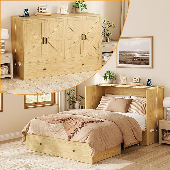 Murphy Bed Queen with Storage & Charging Station, Murphy Cabinet with Foldable Panel, Noisy Free, for Guest Bedroom, Living Room, Office, Distressed,Natural
