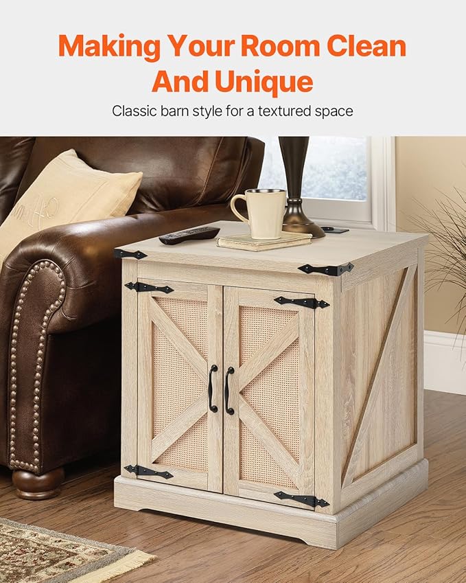 VEVOR Farmhouse End Table, Rectangle PE Rattan Woven Wood Coffee Table, 24-Inch Modern Boho Style Storage Coffee Table with Retro Metal Hinges, for Living Room, Bedroom & Small Spaces