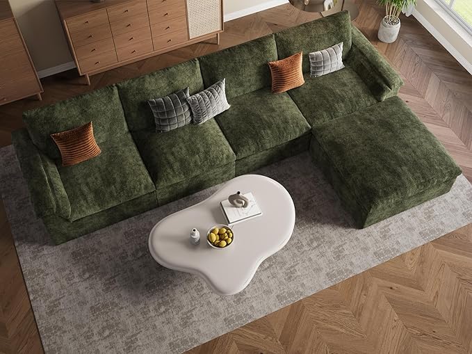EASE MOOSE Oversized Cloud Couch Sectional Sofa, L-Shaped Large Modular Couch for Living Room, Minimalist Boneless Convertible Couches with Ottoman, 5-Seat Deep Sofas for Bedroom, Chenille (Green)