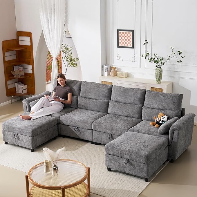 132'' Modular Sectional Sofa, U Shaped Comfy Cloud Couch with Large Storage, Extra Deep Seat, Modern Chenille Sofa with Chaise, 6 Seat Convertible Couches for Living Room, Grey