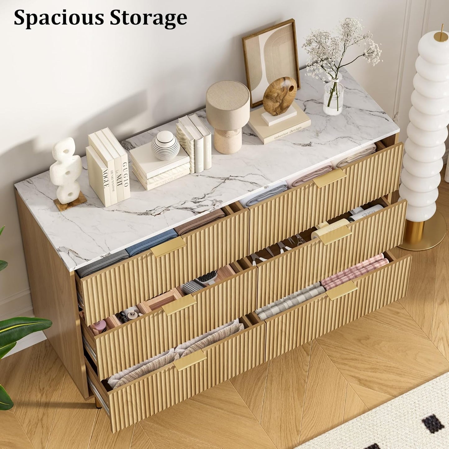 GarveeHome Fluted 6 Drawers Dresser for Bedroom, Modern Chest of Drawers, Tall Brown Dresser with Faux Marble Top and Gold Handle, Wood Drawer Organizer for Bedroom, Living Room, Hallway, Entryway