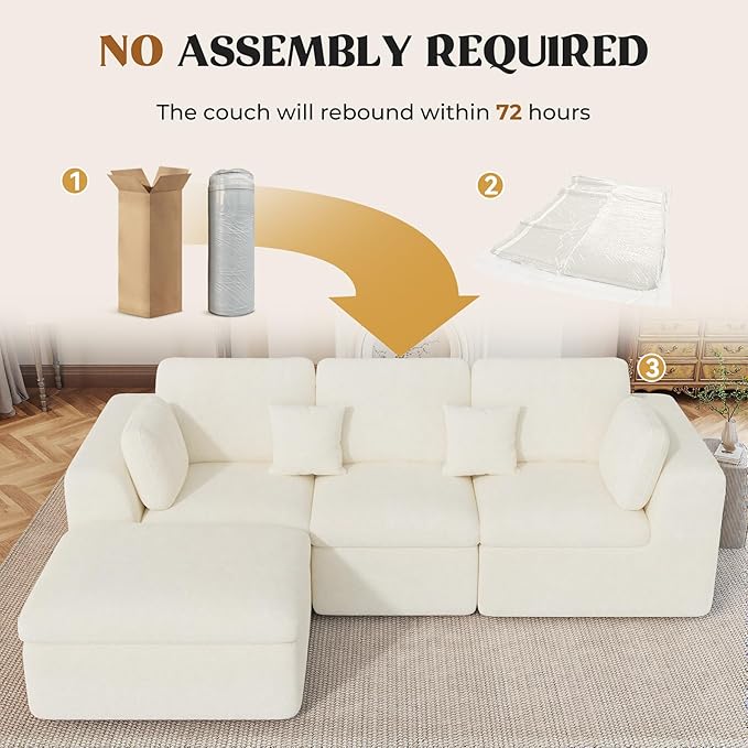 115" Cloud Boneless Sectional Couch, Deep Seat L Shaped Modular Couch with Ottoman, Oversized Upholstered Convertible 4 Seater Modular Sofa for Living Room,Beige Chenille
