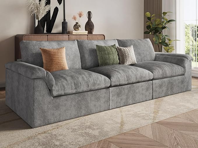 EASE MOOSE Oversized Boneless Couch for Living Room, Sectional Cloud Sofa, Modular Cloud Couch, 3-Seater Deep Seat Sofas with Pillow for Bedroom, Apartment, No Assembly Required, Chenille (Grey)