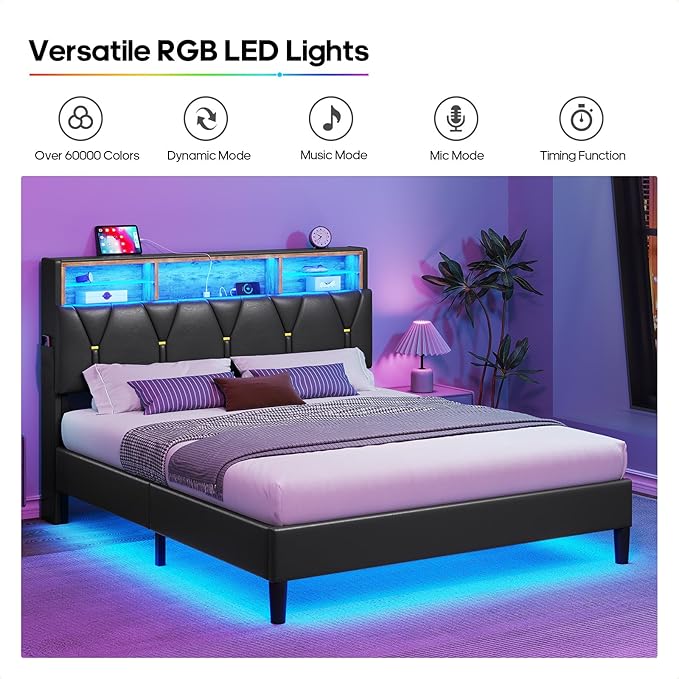 LED Full Bed Frame with Type-C & USB Charging Station, Full Size Bed Frame with Storage Headboard, Modern Pu Leather Platform Bed with Shelf Headboard, Easy Assembly, Noise-Free, Black