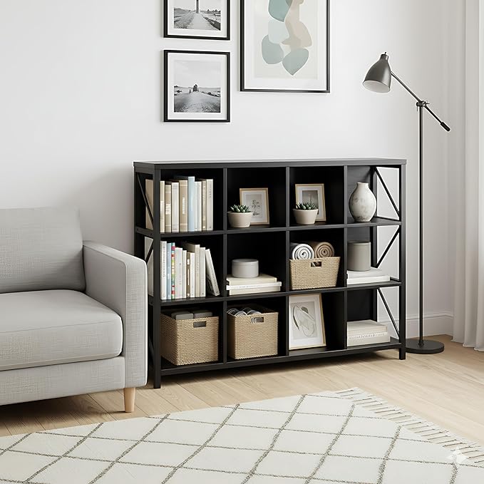 12 Cube Storage Organizer Bookshelf, Industrial Horizontal Bookcase, Accent Cubby Shelf, Corner Bookcase for Living Room, Home Office, 11.8" D x 47.6" W x 38.2" H, Black