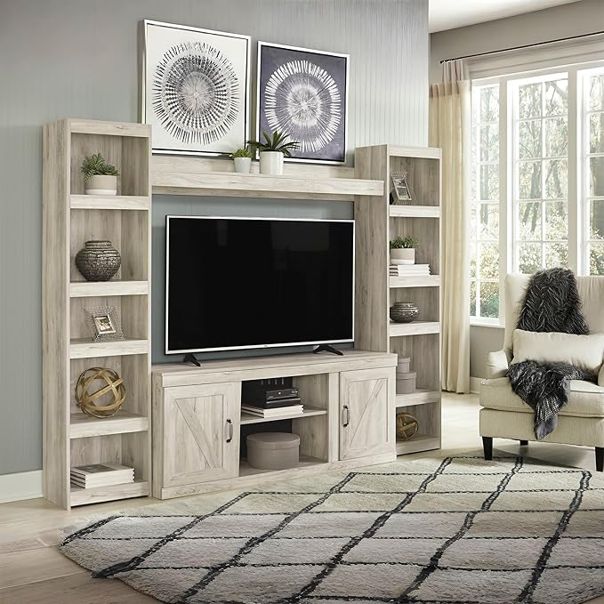 Signature Design by Ashley Bellaby Farmhouse 4-Piece Entertainment Center for TVs up to 69" with Adjustable Shelves, Whitewash