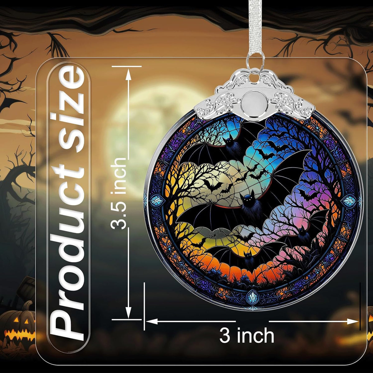 Bat Under Moonlight Halloween Christmas Tree Ornament Glass- Hanging Ornaments for Christmas Tree Decorations - Holiday Keepsake Present Exchange Idea