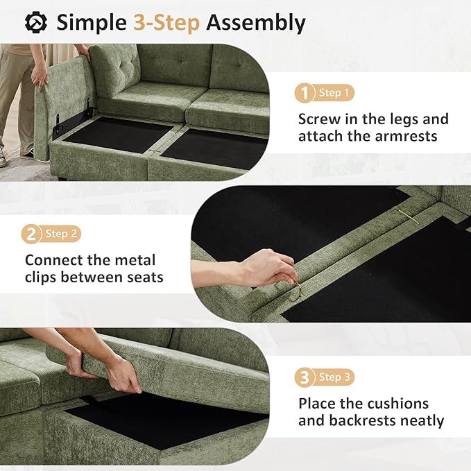 VANOMi 6 Seat Cloud Couches for Living Room with 2 Ottomans, 118" Convertible Modular Sectional Sofa Bed, Comfy Chenille Sofas & Couches for Living Room, Apartment, Office, Olive Green, Large Sofa Bed