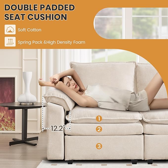 130" U Shaped Modular Sectional Sofa, Couch with Ottoman Storage, Chenille Cloud Couch with Plush Deep Seating for Living Room, Bedroom (6 Seat, Beige)