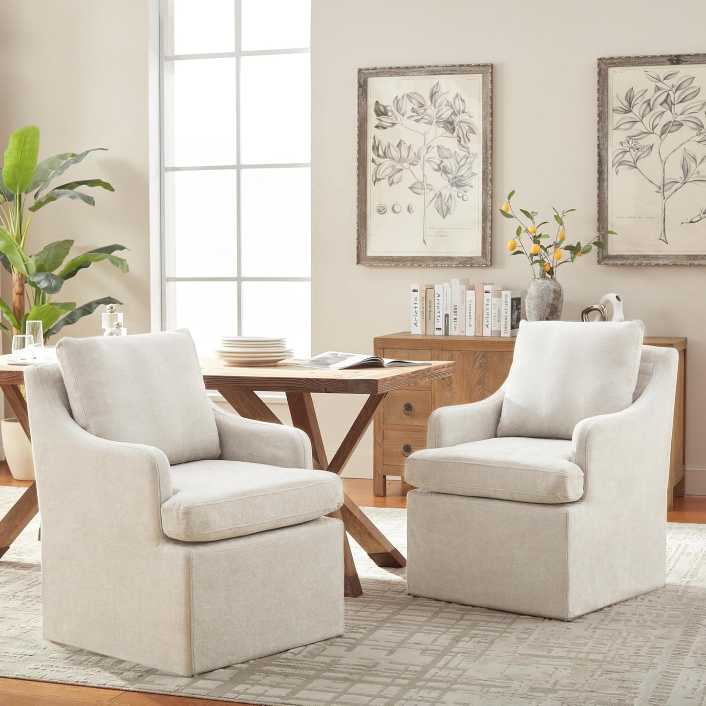 VKNOW Upholstered Dining Chairs Set of 2, Modern Kitchen Chairs Dinner Chairs with 4 Casters, Linen Armchair for Bedroom Reading Room Living Room, Beige