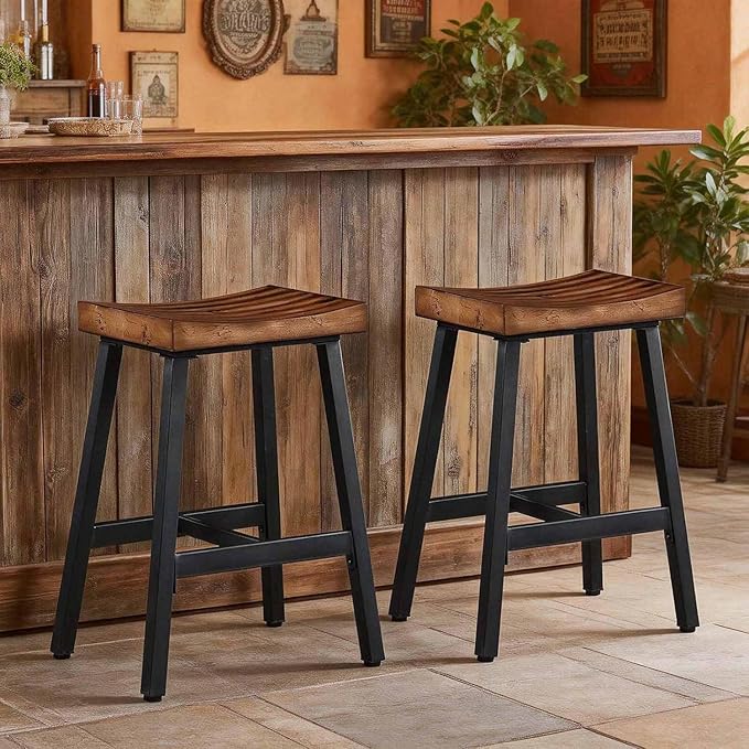 OUllUO Bar Stools Set of 3, Backless Saddle Barstools, 25" Counter Height Bar Stools, Solid Wood Counter Stools with Metal Frame, 521P-BBWD3