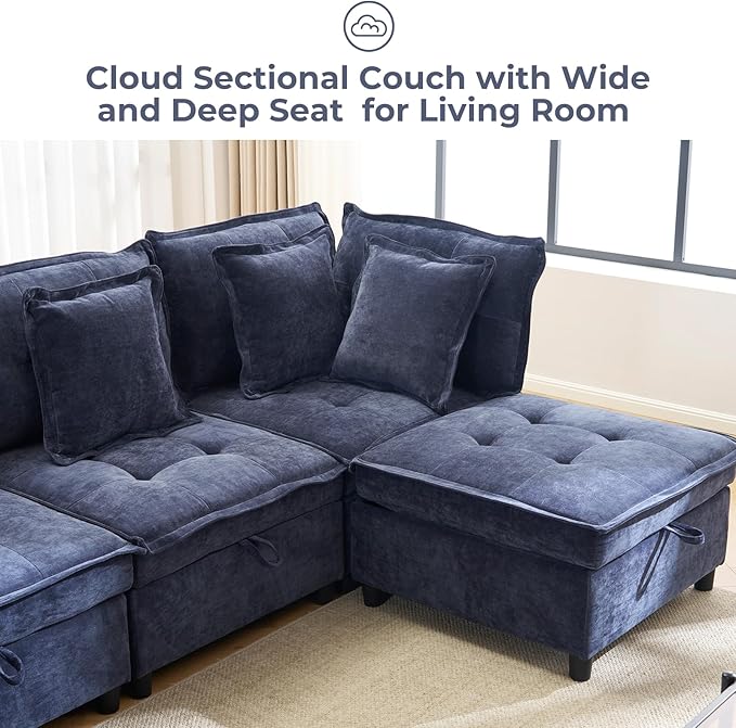 133'' Modular Sectional Sofa, Oversized U Shaped Couch with Storage Ottoman, Comfy Chenille Sofa with Deep Seat, 6 Seat Convertible Couches for Living Room, Blue