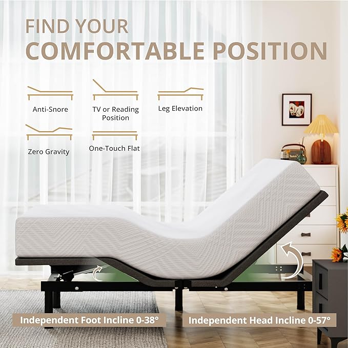 Queen Adjustable Bed Base Frame with Wireless Remote + 10 Inch Queen Green Tea Gel Memory Foam Mattress Bed in a Box, Head and Foot Incline, Zero Gravity, Fiberglass Free, 80" × 60"
