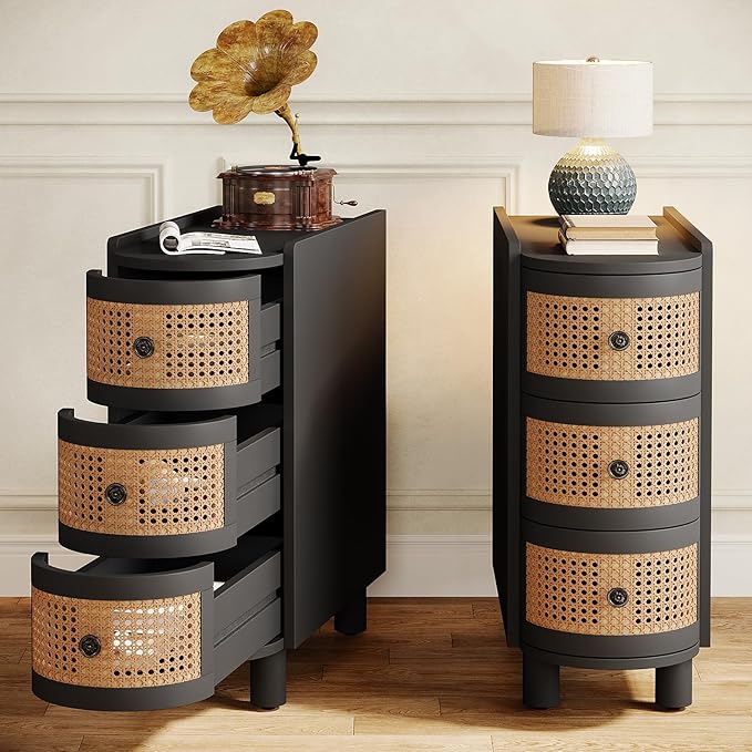 Tribesigns 3-Drawer Rattan End Table, Sofa Side Table with Vintage Embossed Handles, Slim Nightstand for Living Room, Bedroom, Finished Back, No Assembly (Black & Oak, 2PCS)