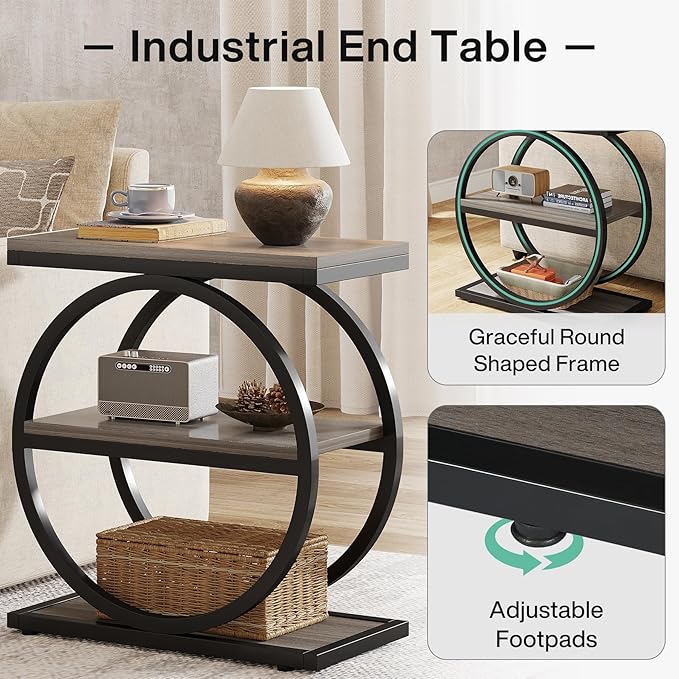 Tribesigns End Table Set of 2, Narrow End Table with 3 Storage Shelves, Wooden Side Table with Metal Frame, Small Sofa Side Table for Living Room, Grey Nightstand and Bedside Table for Bedroom