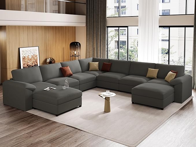 EASE MOOSE Oversized U Shaped Couch,Modular Sectional Convertible Sofa with Wide Deep,Extra Large Faux Leather Scratch Resistant Modern Couch for Big Spaces,Grey