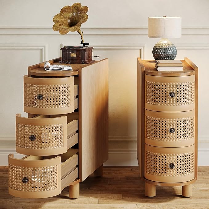 Tribesigns 3-Drawer Rattan End Table, Sofa Side Table with Vintage Embossed Handles for Living Room, Bedroom (2, Oak)