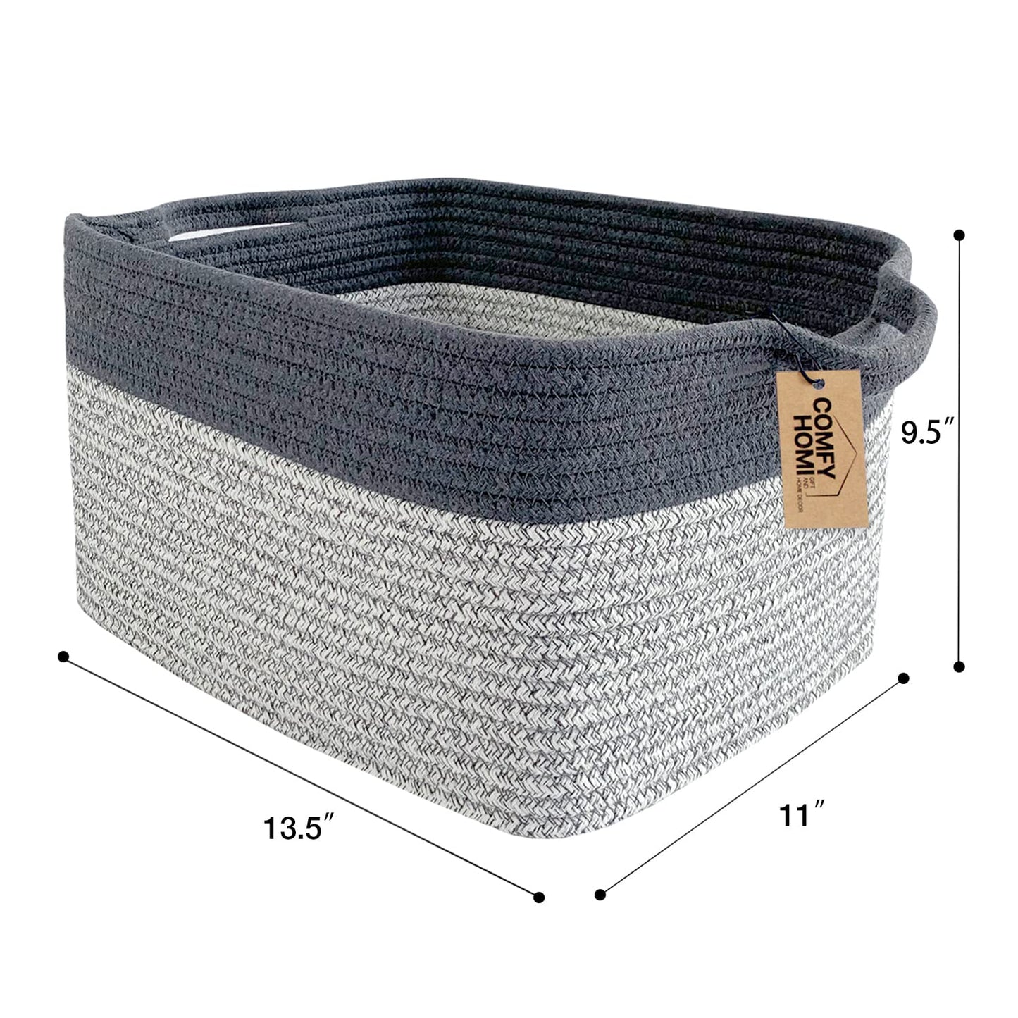 COMFY-HOMI Cotton Rope Woven Basket with Handles for Shelves,Toys,Book, Cloth Storage Baskets Bin for Organizing-13.5"x11"x9.5" Toy Decorative Organizer for Living Room, Bathroom-Light Grey