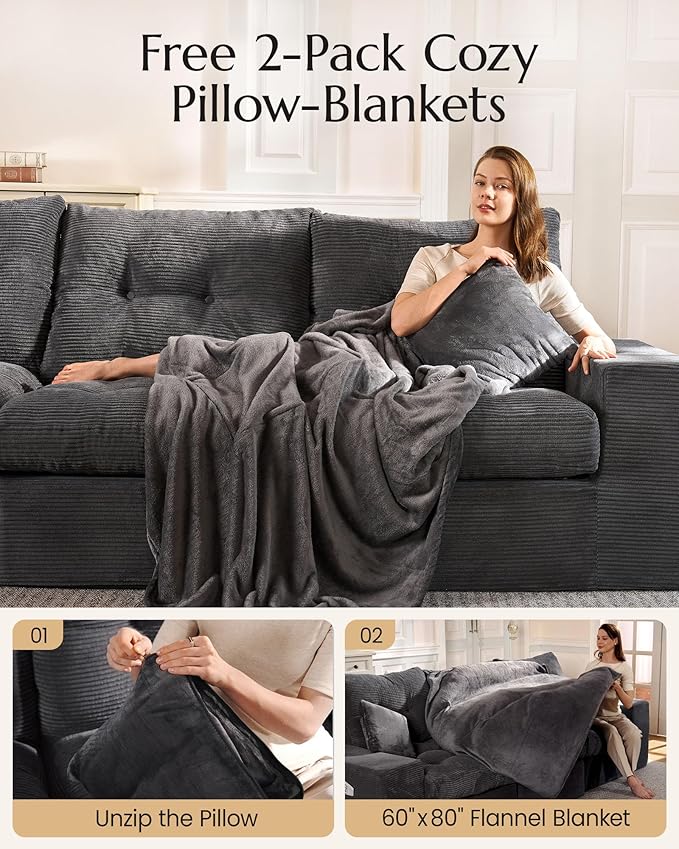 High Back Boneless Couch, Loveseat Cloud Couch with Versatile 2-Pack Pillow Blankets, Corduroy Modular Sectional Sofa, No Assemble Sectional Couches for Living Room, Dark Grey