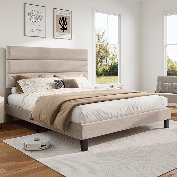 AMERLIFE Queen Size Bed Frame with Linen Upholstered Headboard, Modern Platform Bed with Wooden Slats Support, Noise-Free, No Box Spring Needed, Easy Assembly, Beige