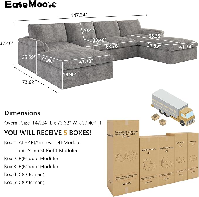EASE MOOSE Boneless Modular Cloud Couch, U-Shaped Oversized Sectional Sofa for Living Room with Ottoman, Extra Large Movable Couches, 6-Deep-Seat Sofas for Bedroom, Apartment, Chenille (Grey)