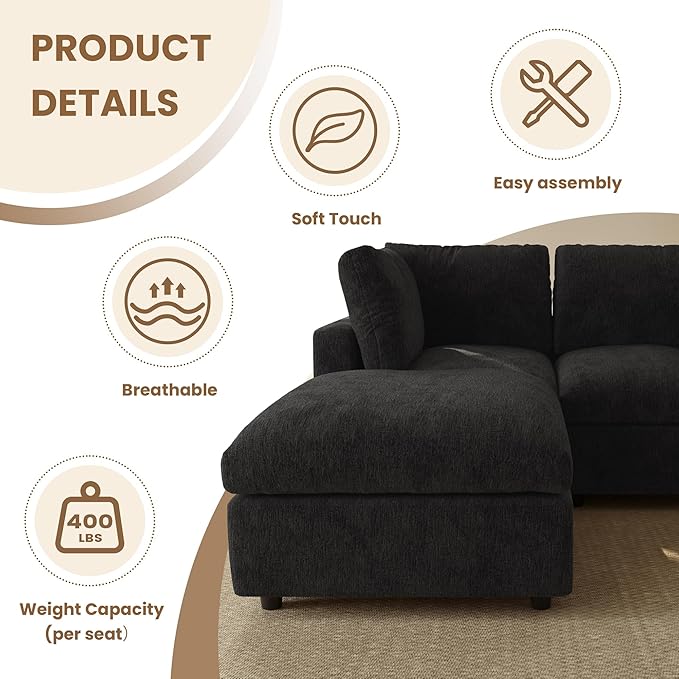 WJShome L Shaped Sectional Couch 134 Inch 4-Seater Modern Modular Sofa with Ottoman,Chenille Deep Seat Couches for Living Room, Bedroom and Apartment，Black