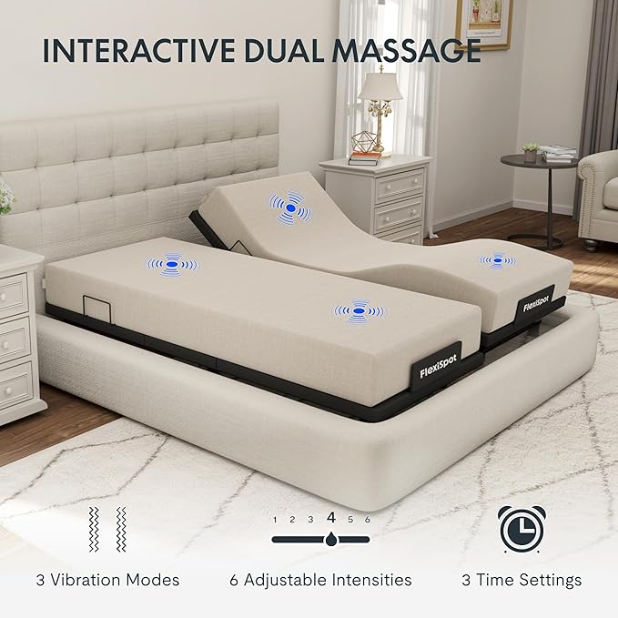 FLEXISPOT Adjustable Bed Frame Base Split King + 12" Cooling Gel Memory Foam Mattress, Massage, Head and Foot Incline, Zero Gravity, Zero Clearance, Under-Bed Lights, Anti-Snore, Wireless Remote