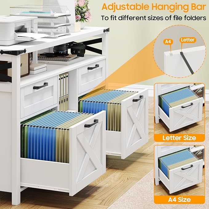 Filing Organization Storage Cabinets 4 Drawer with Adjustable Shelf, Lateral Filing Cabinet with Open Storage Shelf for Home Office, Farmhouse File Cabinets for Hanging Files Letter/A4.(White)
