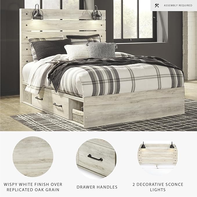 Signature Design by Ashley Cambeck Farmhouse Queen Panel Platform Bed with 4 Storage Drawers, Cubbies, Sconce Lights and USB Ports, Foundation or Box Spring Not Needed, Whitewash