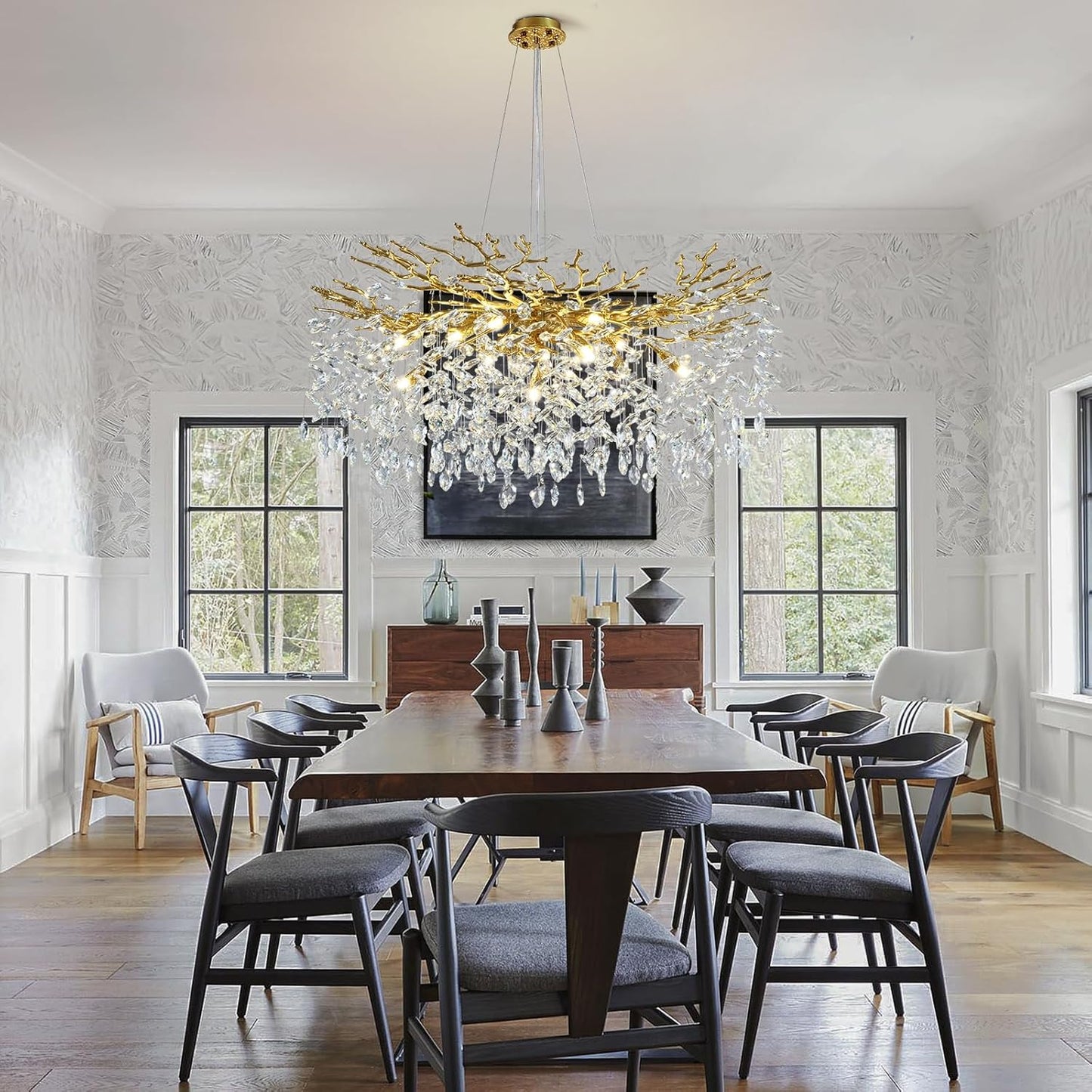 Modern Crystal Chandeliers for Dining Room Over Table, 40" Round Gold Tree Branche Chandelier, Large Crystal Chandelier for Living Room,High Ceiling,Foyer,Entryway,Kitchen Island,Staircase