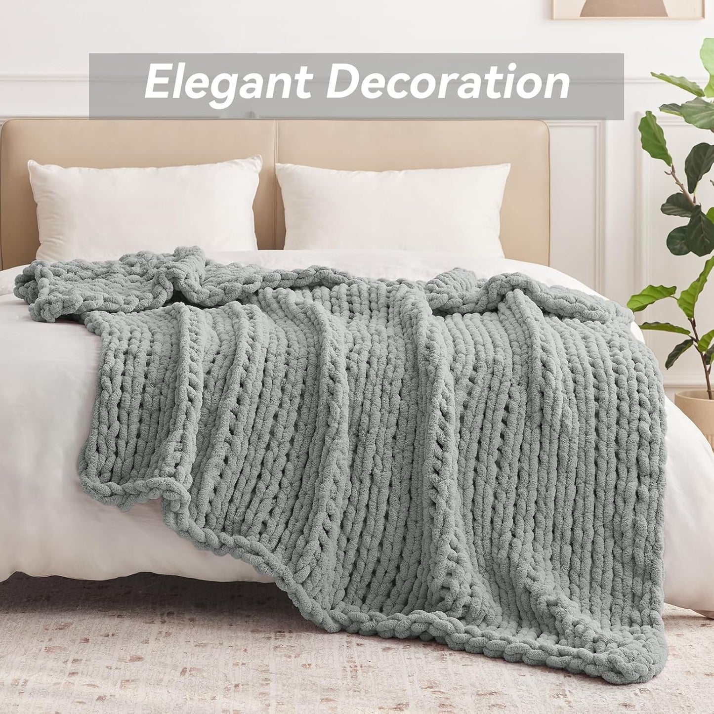 Chunky Knit Throw Blanket, 40''*50'' Knitted Throw Chenille Yarn for Bed Couch, Handmade Light Grey Crochet Big Thick Blanket, Machine Washable Cute Comfy Blanket for Home Decor