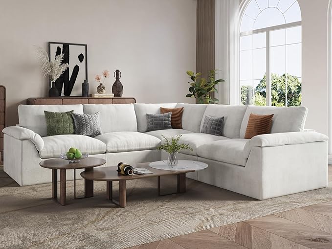 EASE MOOSE Oversized Cloud Couch Sectional Sofa, L-Shaped Modular Couch for Living Room, Minimalist Boneless Convertible Couches, 5-Seat Deep Sofas for Bedroom, Chenille (White)