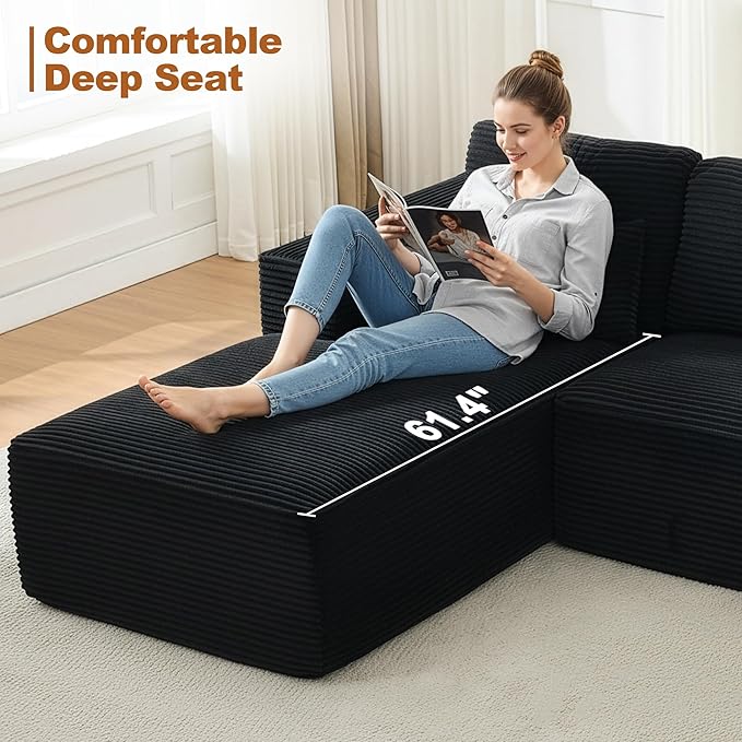 106" Cloud Modular Sectional Sofa Couch with L-Shape Chaise,Modern Boneless Sectional Couch with Deep Seat,Upholstered Couches for Living Room Bedroom,No Assembly Required,Black