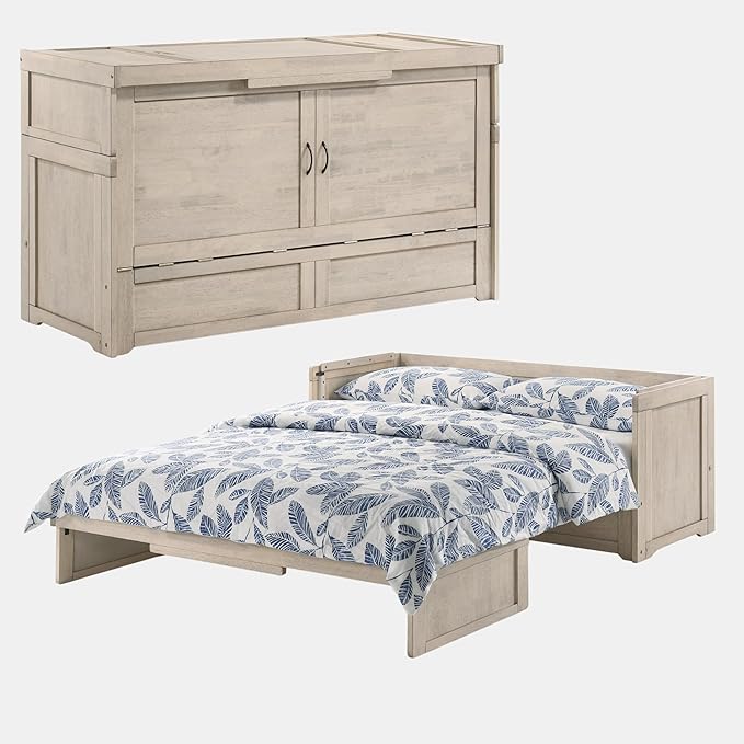 NIGHT & DAY Furniture Murphy Cube Cabinet Bed Pre-Assembled (Antique White, Queen)