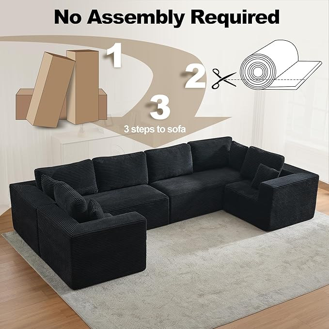 Modular Sectional Cloud Couch for Living Room,Modern Boneless Couche Set with Plush Corduroy,Comfy Floor Sofa with Memory Foam,Stupendous U Shaped Sofa,No Assembly Required,Black