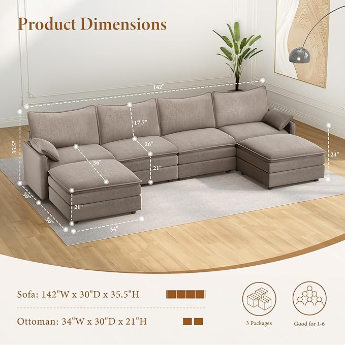 Vesgantti 142" U Shaped Sectional Couch, Comfy Cloud Modular Sectional Sofa with 2 Ottoman Deep Seat Chenille Modern Cloud Sofa, Modular Sofas for Living Room, Bedroom and Apartment, Light Brown