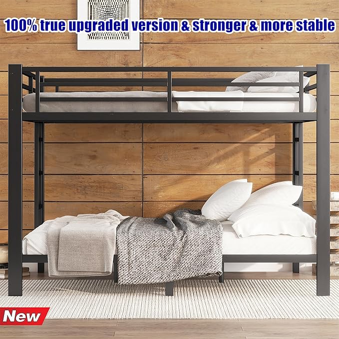 Higher Quality & Stronger Heavy Duty Industrial Style Metal Queen Over Queen Bunk Bed, Thickened More Stable Black Steel Bunkbed (Easier to Assemble)