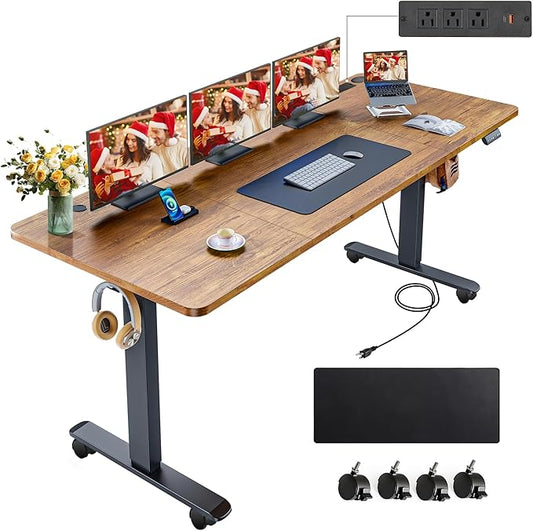 farexon Electric Standing Desk 70.8 x 27.5inch with Outlets,Rolling Stand up Desk with Oversized Mouse Pad, 3 USB Ports & 3 Power Outlets, 4 Caster, 4 Preset Heights Easy to Set for Home Office(Brown)