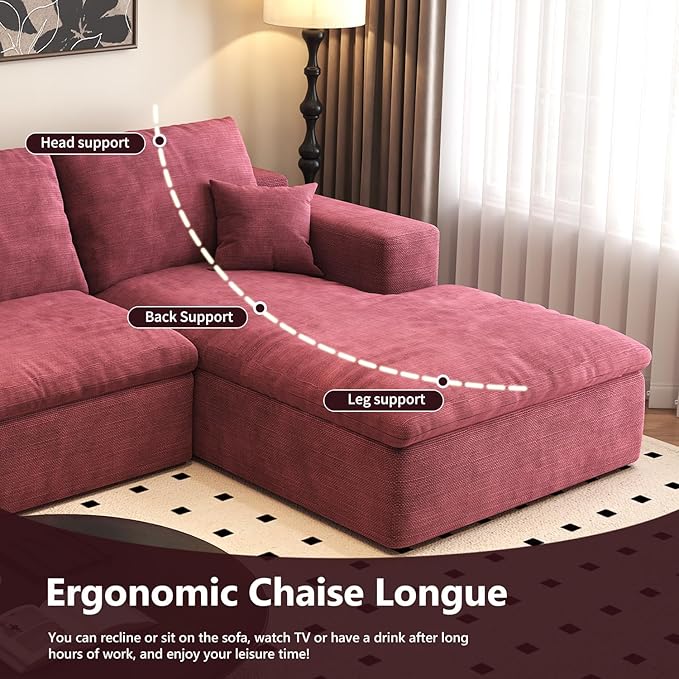 136.6'' U-Shaped Modern Modular Sectional Cloud Couch Whit Ottoman, 4-Seat Chenille Deep-Seat Sofa with Pillow for Living Room, Bedroom, Apartment, Wine Red