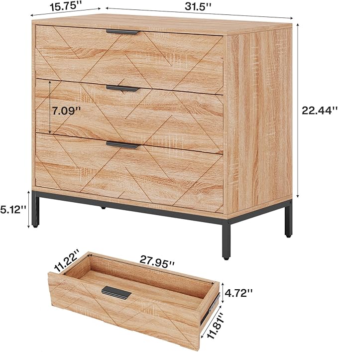 Tribesigns Wooden Nightstand with 3 Drawers, 31" Wide Night Stand with Metal Legs, Modern Large Bedside End Table for Bedroom, Living Room