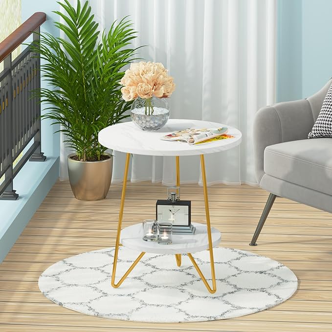 Tribesigns Faux Marble End Table, 2 Tier Round Side Table with Shelves, Modern Gold Nightstand Bedside Table Small Coffee Accent Table for Living Room Bedroom, White and Gold