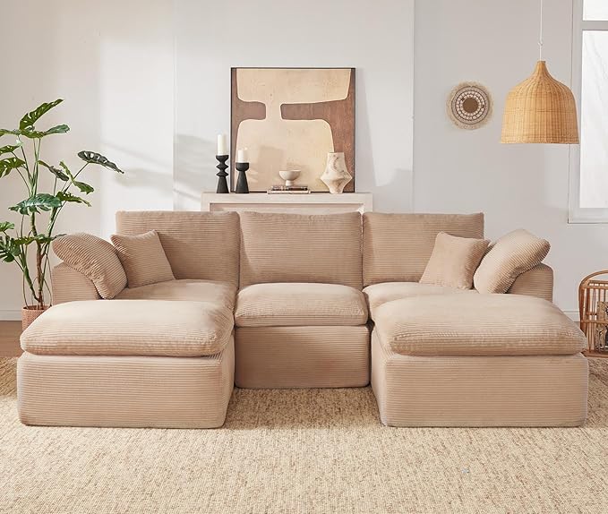 112" Cloud Sectional Couch, Boneless Couches for Living Room, U Shaped Couch with Convertible Ottoman, Modular Sectional Sofa with Deep Seat, Comfy Soft Cushions, No Assembly, Camel