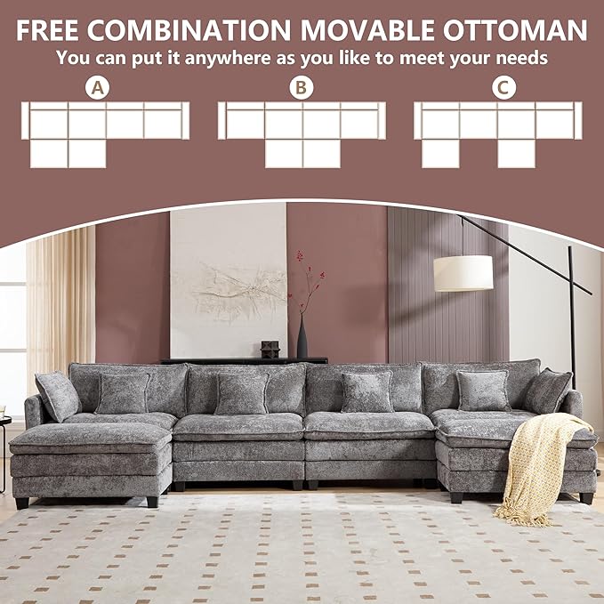 Plush Modular Cloud Sofa Set with Ottoman | L/U-Shaped Deep Seating Chenille Sectional for Family Living Room