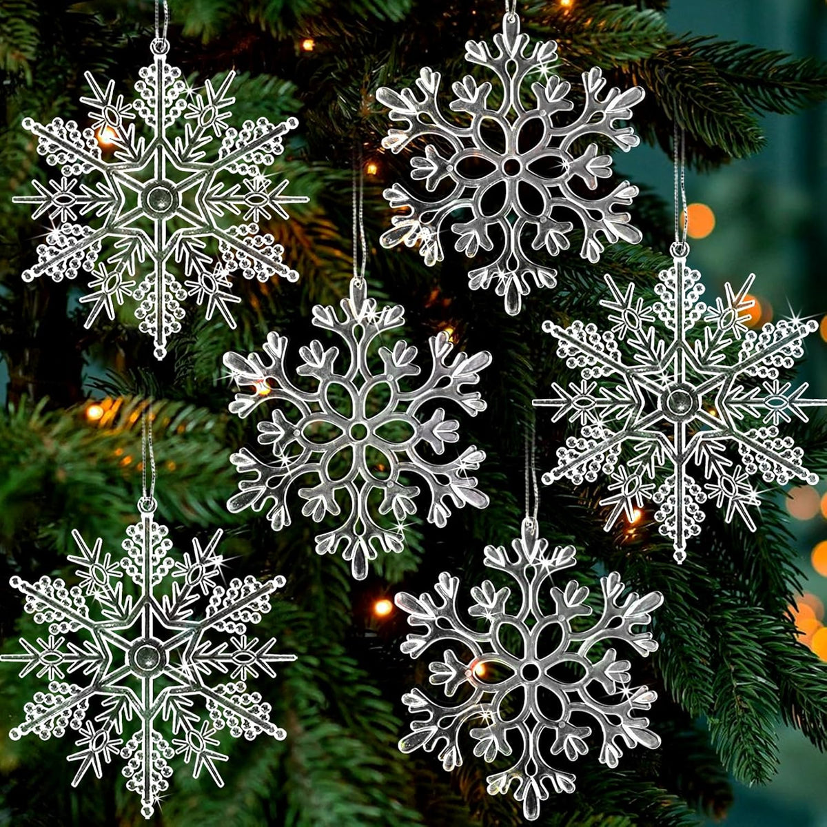 6pcs Large Clear Snowflakes Ornaments 12" Big Plastic Glitter Snowflake for Winter Indoor Outdoor Christmas Tree Window Room Decorations Giant Craft Snowflakes