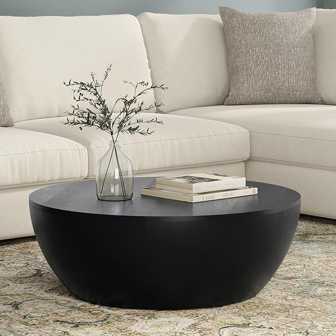 SIMPLIHOME Elmbrook Coffee Table - 34 inch Wide Solid Mango Wood Modern Industrial Round Drum Cocktail Table in Black, Sculptural Living Room Table with Low Profile Design, Assembled