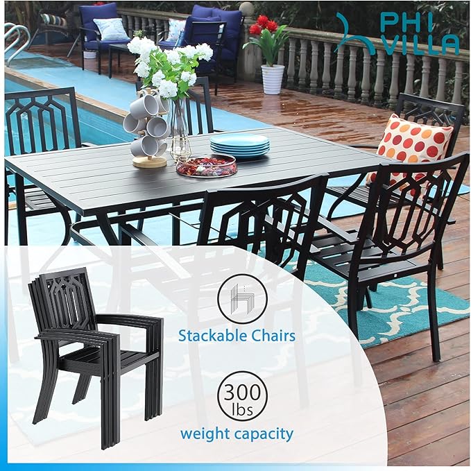 PHI VILLA Metal Outdoor Dining Chairs Set of 4 - Stackable Black Patio Chairs, 300lb Capacity (Geometry)