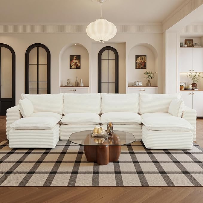 108" Sectional Couches for Living Room Boneless Couch Upholstered Cloud Couch Sectional Modular Sectional Sofa with L Shaped (Corduroy-White, 4 Seat+2 Ottoman)